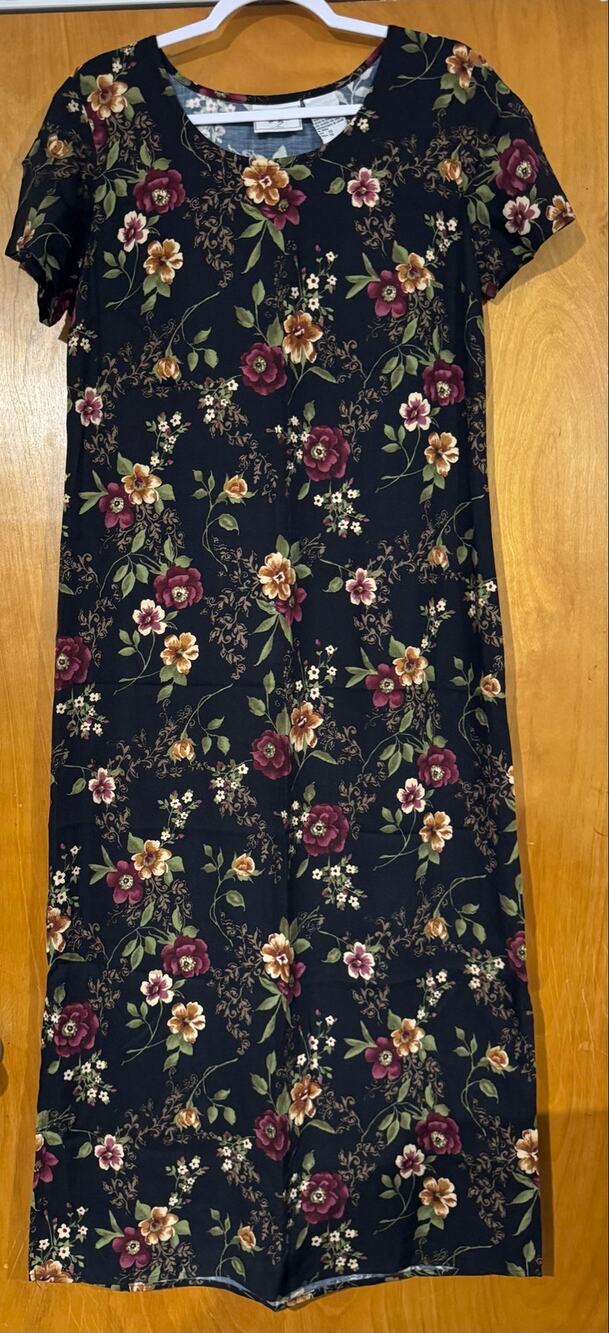 Vintage 90s Studio Ease Black Floral Rayon Midi Maxi Dress Slits Size 10 Grunge